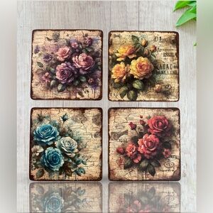 Handmade Vintage Journal Paper & Rose Coasters - Set of 4